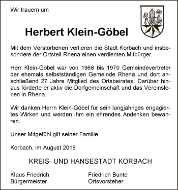 Traueranzeige von Herbert Klein-Göbel von WLZ