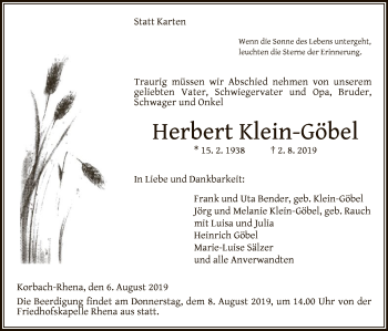 Traueranzeige von Herbert Klein-Göbel von WLZ