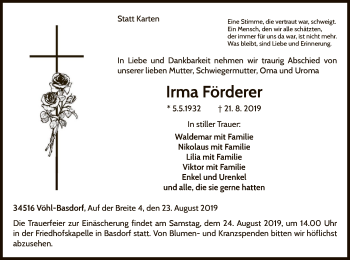 Traueranzeige von Irma Förderer von WLZ