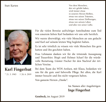 Traueranzeige von Karl Fingerhut von WLZ