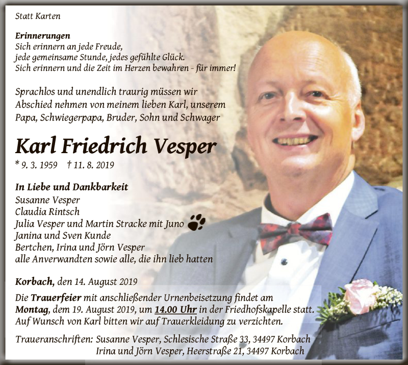  Traueranzeige für Karl Friedrich Vesper vom 14.08.2019 aus WLZ