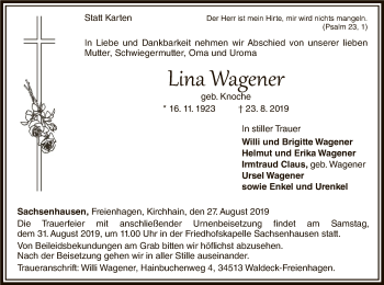 Traueranzeige von Lina Wagener von WLZ