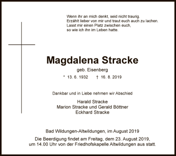 Traueranzeige von Magdalena Stracke von WLZ
