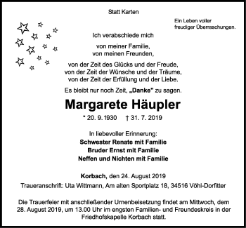 Traueranzeige von Margarete Häupler von WLZ