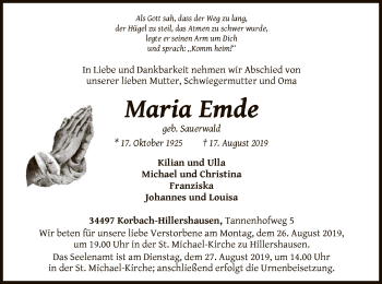 Traueranzeige von Maria Emde von WLZ