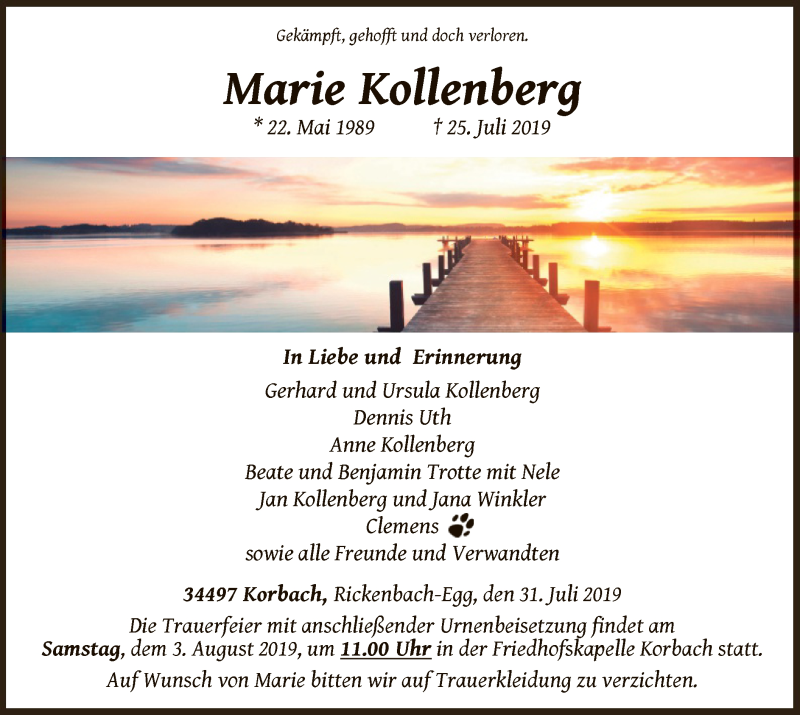  Traueranzeige für Marie Kollenberg vom 31.07.2019 aus WLZ