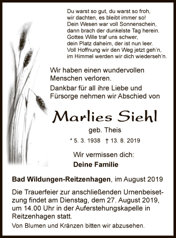 Traueranzeige von Marlies Siehl von WLZ