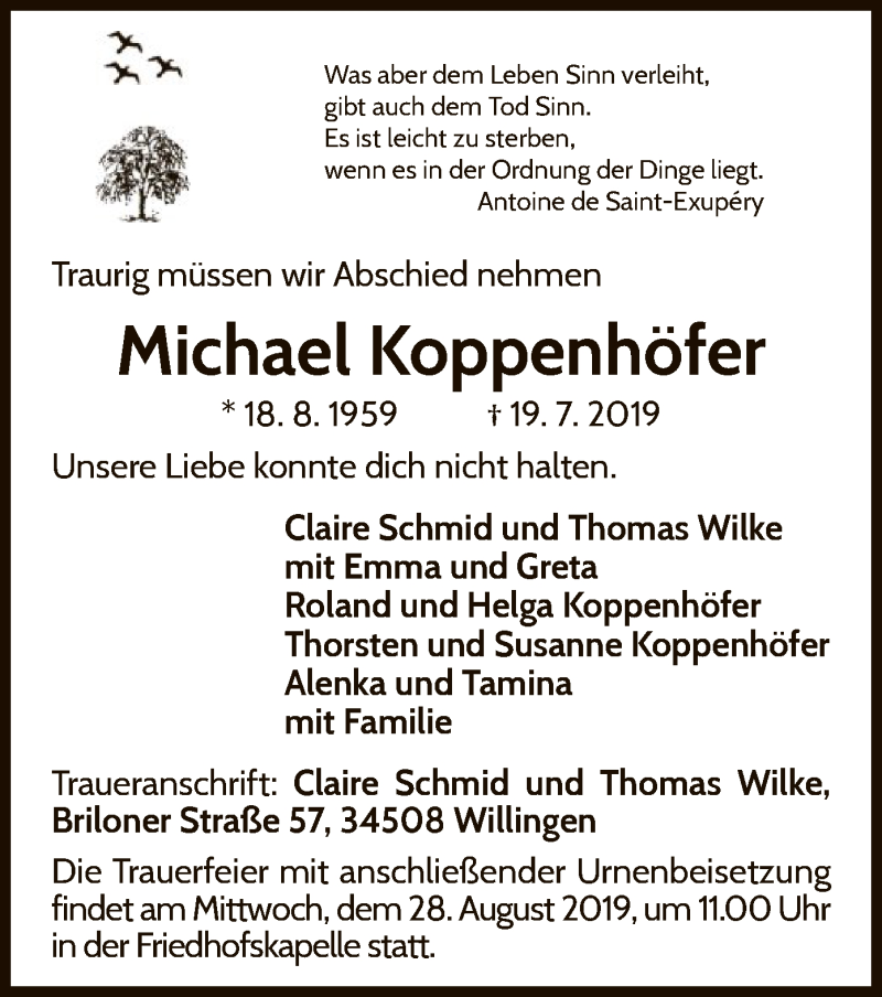  Traueranzeige für Michael Koppenhöfer vom 10.08.2019 aus WLZ