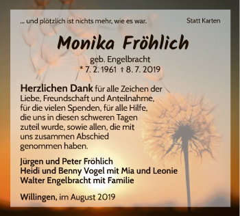 Traueranzeige von Monika Fröhlich von WLZ