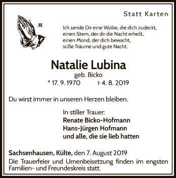 Traueranzeige von Natalie Lubina von WLZ