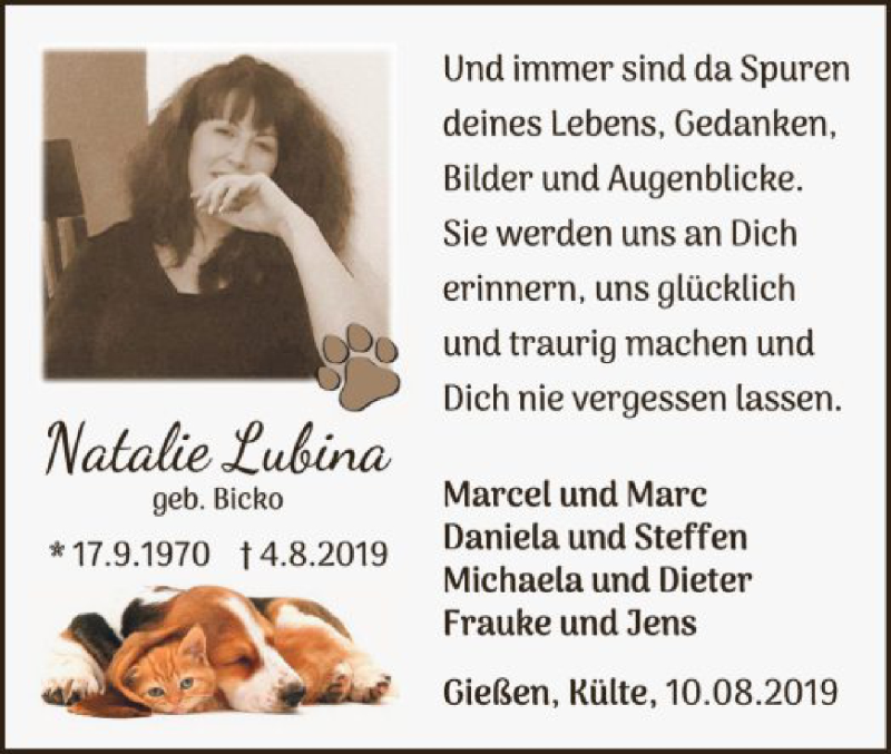  Traueranzeige für Natalie Lubina vom 10.08.2019 aus WLZ