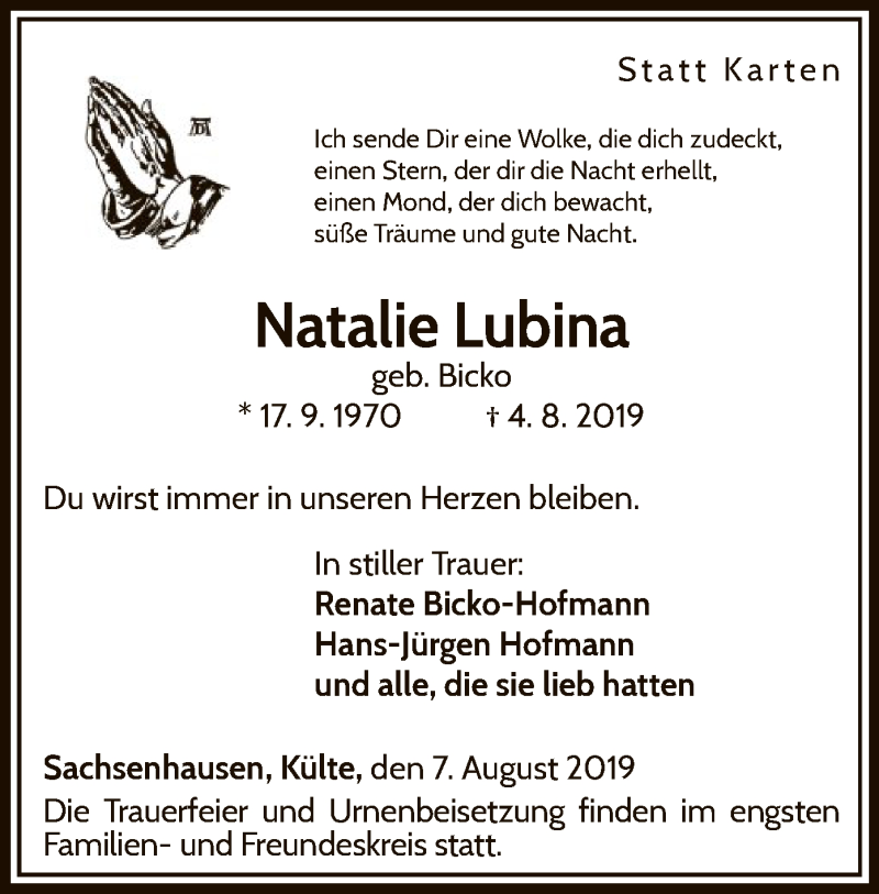  Traueranzeige für Natalie Lubina vom 07.08.2019 aus WLZ