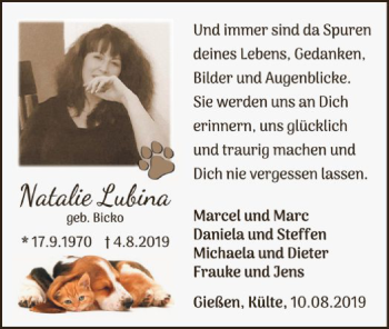 Traueranzeige von Natalie Lubina von WLZ
