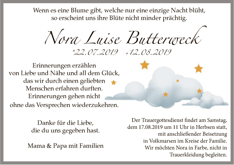  Traueranzeige für Nora Luise Butterweck vom 15.08.2019 aus WLZ