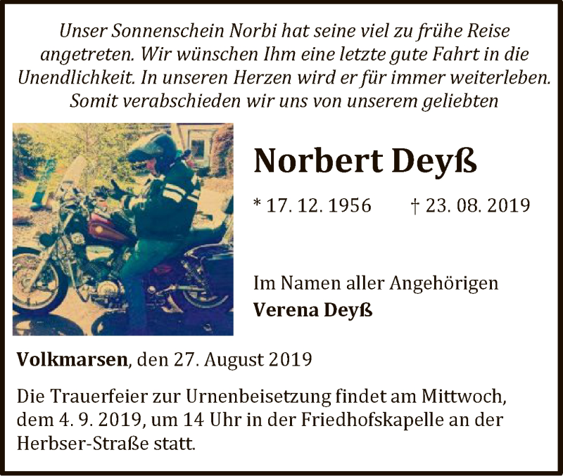  Traueranzeige für Norbert Deyß vom 27.08.2019 aus WLZ