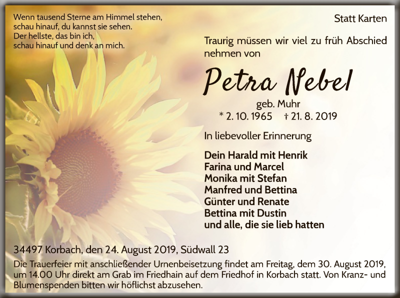  Traueranzeige für Petra Nebel vom 24.08.2019 aus WLZ