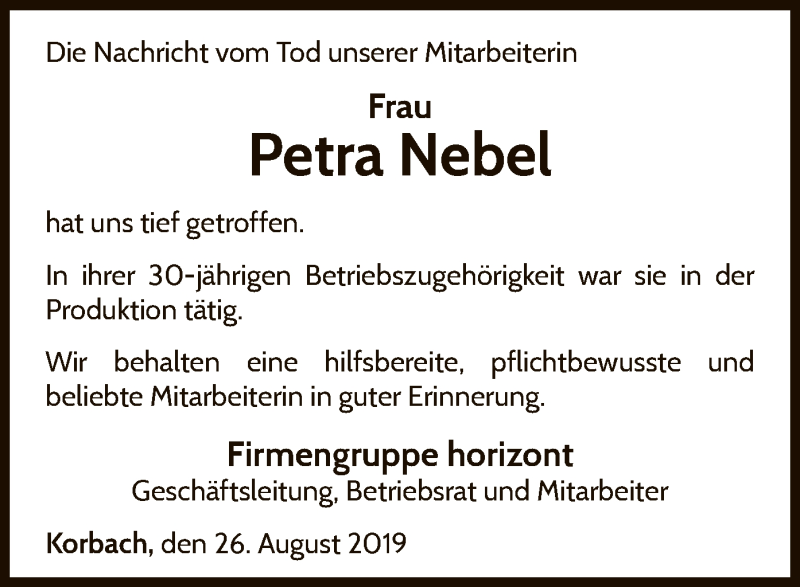  Traueranzeige für Petra Nebel vom 27.08.2019 aus WLZ