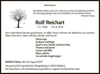 Traueranzeige von Rolf Reichart von WLZ