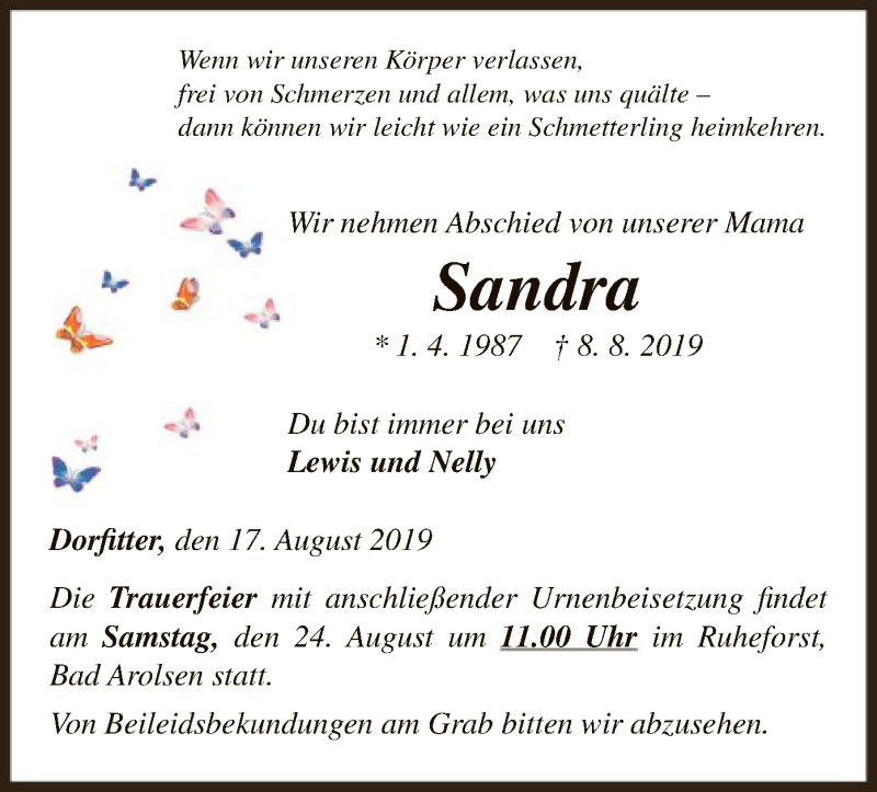  Traueranzeige für Sandra  vom 17.08.2019 aus WLZ