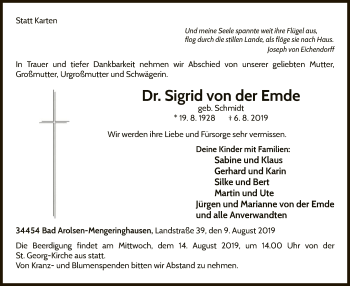 Traueranzeige von Sigrid von der Emde von WLZ