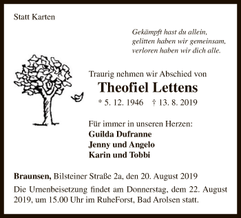 Traueranzeige von Theofiel Lettens von WLZ