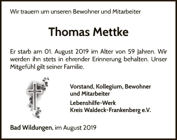 Traueranzeige von Thomas Mettke von WLZ