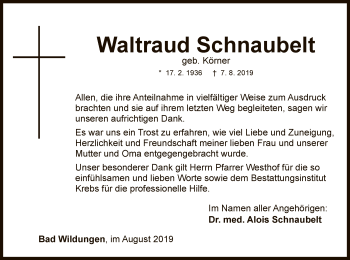 Traueranzeige von Waltraud Schnaubelt von WLZ