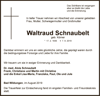Traueranzeige von Waltraud Schnaubelt von WLZ