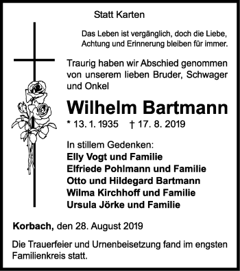 Traueranzeige von Wilhelm Bartmann von WLZ