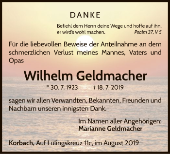 Traueranzeige von Wilhelm Geldmacher von WLZ