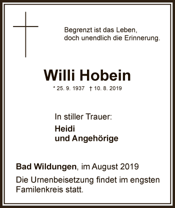 Traueranzeige von Willi Hobein von WLZ