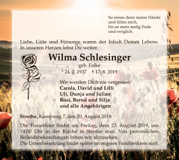 Traueranzeige von Wilma Schlesinger von WLZ