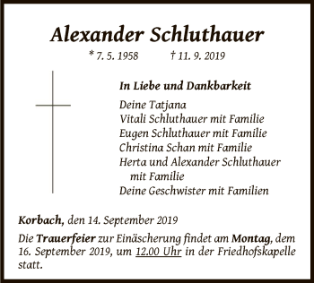Traueranzeige von Alexander Schluthauer von WLZ