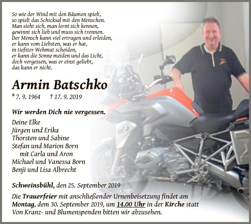  Traueranzeige für Armin Batschko vom 25.09.2019 aus WLZ