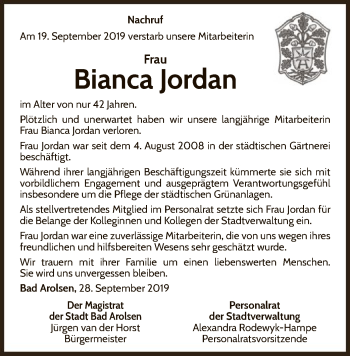 Traueranzeige von Bianca Jordan von WLZ