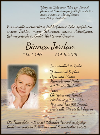 Traueranzeige von Bianca Jordan von WLZ