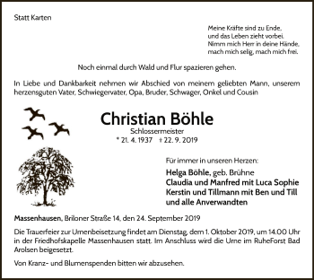 Traueranzeige von Christian Böhle von WLZ