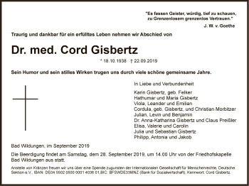 Traueranzeige von Cord Gisbertz von WLZ