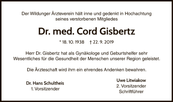Traueranzeige von Cord Gisbertz von WLZ
