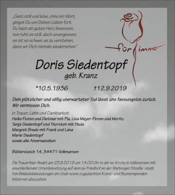 Traueranzeige von Doris Siedentopf von WLZ