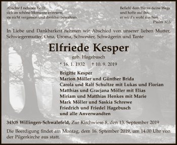 Traueranzeige von Elfriede Kesper von WLZ