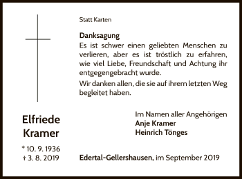 Traueranzeige von Elfriede Kramer von WLZ