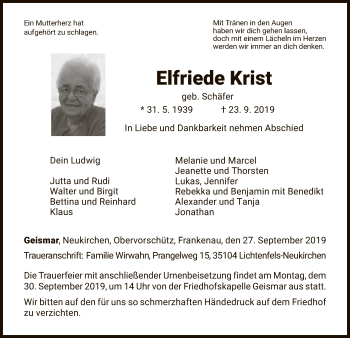 Traueranzeige von Elfriede Krist von WLZ