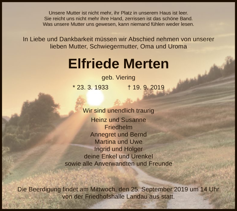  Traueranzeige für Elfriede Merten vom 21.09.2019 aus WLZ