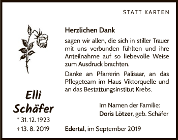 Traueranzeige von Elli Schäfer von WLZ