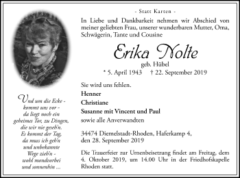 Traueranzeige von Erika Nolte von WLZ