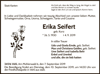 Traueranzeige von Erika Seifert von WLZ