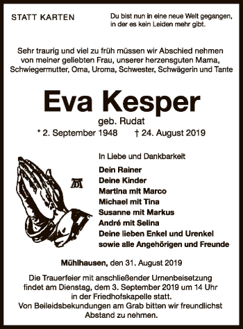 Traueranzeige von Eva Kesper von WLZ