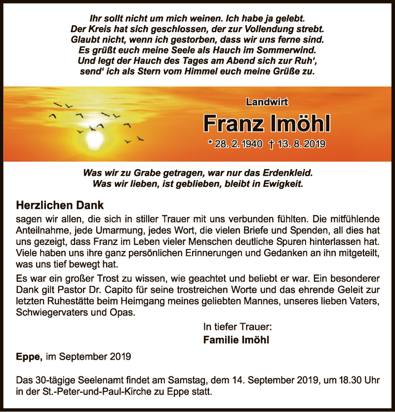  Traueranzeige für Franz Imöhl vom 07.09.2019 aus WLZ