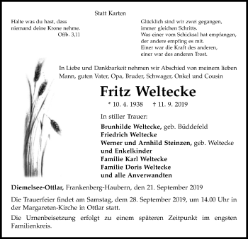 Traueranzeige von Fritz Weltecke von WLZ